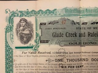 1897 Glade Creek & Raleigh Railroad Co.  $1000 Bond Certificate Rare WV Line 2