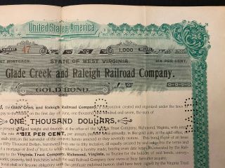 1897 Glade Creek & Raleigh Railroad Co.  $1000 Bond Certificate Rare WV Line 3