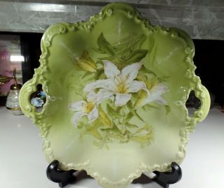 Antique P.  T.  Germany Large Handled Hand Painted White Orchids 10 " Dish
