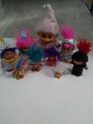 Set Of 9 Vintage Russ Trolls Of Various Sizes,  Costumes