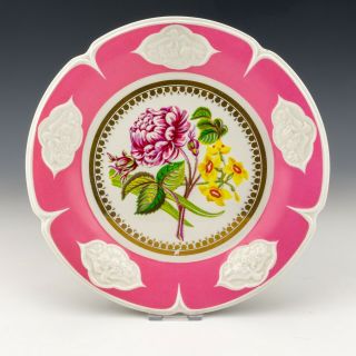 Antique English China - Hand Painted Flower Decorated Plate - With Pink Borders