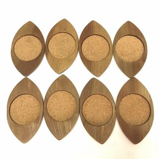 Vtg Mid Century Modern Sere Hardwood Hand Carved Cork Coaster Set Of 8 Japan