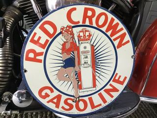 Rare Vintage Porcelain 1946 Red Crown Gasoline Sign Ford Chevy Harley Dodge