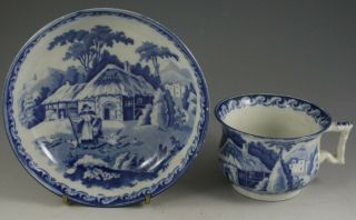 Antique Pottery Pearlware Blue Transfer Bewick Feeding Geese Cup & Saucer 1825