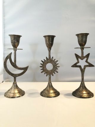 Vintage Silverplate Moon Sun Star Trio Candlestick Candle Holder