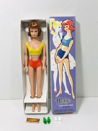 Vintage Mattel Midge Doll With Box,  Outfit,  2 Pair Shoes And Handbag