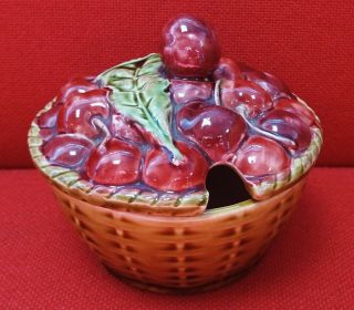 Antique Sarreguemines France Majolica Cherry Basket Preserve Jam Pot & Cover