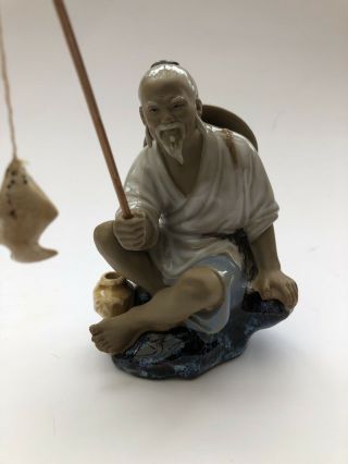 Vintage Shiwan Chinese Mud Man Fisherman With Fish And Fishing Rod Figurine