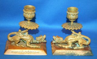 An Rare 19th Century Dragon,  Gryphon Candlesticks,  Gothic,  Medieval