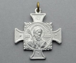 French,  Antique Religious Pendant.  Saint Benedict Of Nursia Benoit.  Medal Cross.