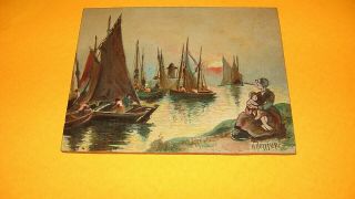 Vintage H.  Hoffner Signed Oil Paint On Wood.  Harbor Scene.  Woman And Child.