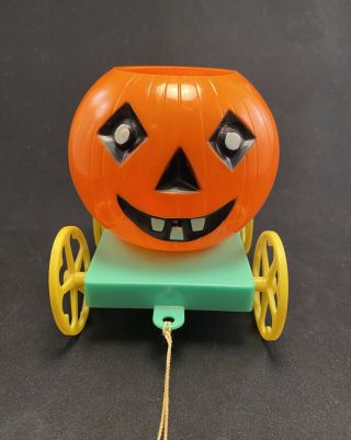 Rare Vtg 1950s Rosbro Halloween Pumpkin On Cart W Wheels Pull Toy Approx 5x4x6
