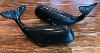 Pair Antique Cast Metal Whale Figurines 1.  75” T 4.  25” Wide Black