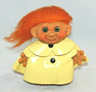 Vintage Thomas Dam Troll Doll Bank Orange Hair And Wearing A Raincoat