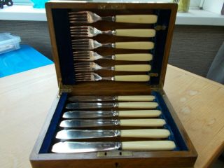 Antique Wooden Boxed Set Of Silver Plate And Bone Handled Fish Knife And Fork