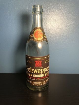 Rare Schweppes Indian Quinine Water Glass Bottle