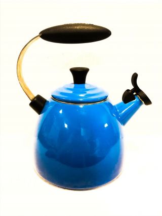 Euc LE CRUESET carribean Blue Tea Pot Kettle Warmer Steel Pot Halo Rare 3