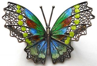 Vintage Antique Multi Color Enamel Butterfly 800 Silver Filigree 2 " Brooch