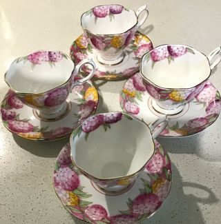 Vintage Royal Albert Crown China Hp “candytuft” Teacups And Saucers X4,  Rare