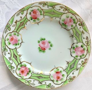 Set Of 4 Antique Nippon 6 " Green & White Plates,  Pink Roses,  Blue Mark,  Beading