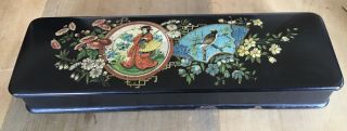 Antique Japanese Black Lacquered Hand Painted Glove Box Red Lining.