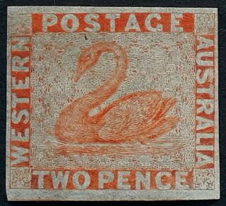 Rare 1860 - Western Australia 2d Orange Vermilion Imperf Swan Stamp