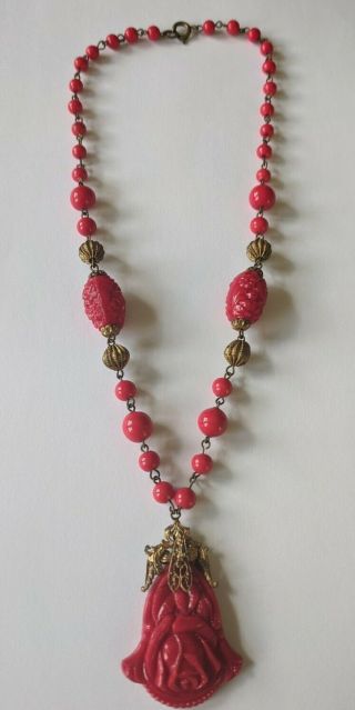Antique Art Deco Brass Red Czech Glass Rose Flower Drop Necklace