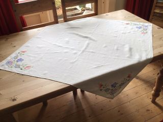 , Vintage Hand Embroidered Linen Tablecloth: With Raised Flowers.