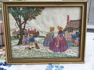 Fab Vintage Shabby Chic Crinoline Lady & Village Embroidered Tapestry Picture
