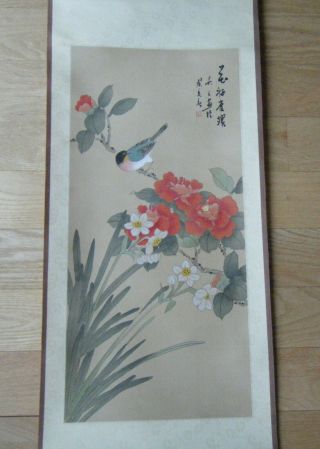 Vtg Chinese Watercolor Flowers Bird Wall Hanging Scroll Painting Seal Caligraphy
