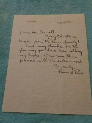 Vintage Handwritten,  Signed Letter By Adventure Writer Author Howard Pease Rare