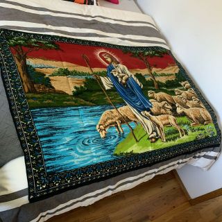 Vintage Large Jesus With Sheep Wall Tapestry Religious Decor