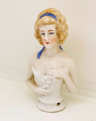 Vintage Half Doll Germany Pin Cushion Lady Porcelain Hand Covering Bust 3 1/8 "