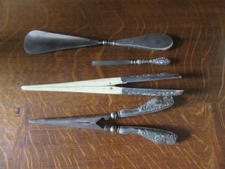 2 Pairs Antique Silver Handled Glove Stretchers Shoe Horn And Another Item