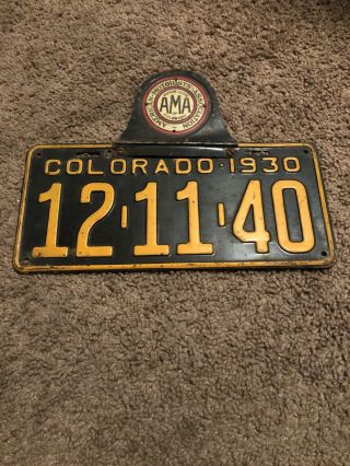 Rare 1930 Colorado License Plate 12 - 11 - 40 With Ama Badge Motor Club Of Colorado