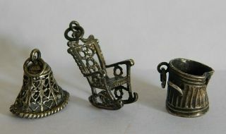 X3 Antique / Vintage Solid Silver Charms,  Bell / Dustbin / Rocking Chair