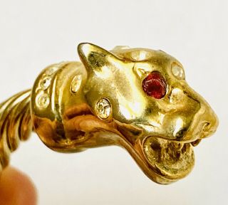 Rare Vintage Gold - tone Rhinestone Panther Cuff Bracelet Red Eyes Jungle Cougar 2