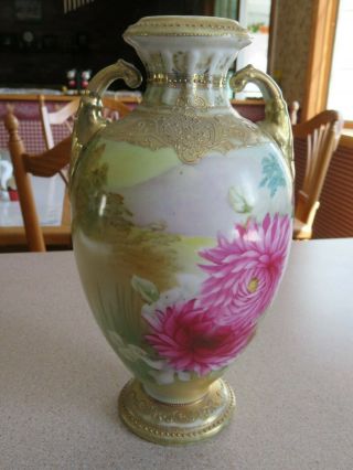 Antique Nippon Vase Hand Painted Gold Moriage Beading Pink Floral Double Handle