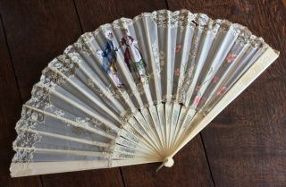Antique Hand Folding Fan,  French 18th C Hand Painted Figures,  Lace Ladies