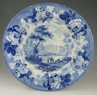 Antique Pottery Pearlware Blue Transfer Wedgwood Blue Rose Border Plate 1820