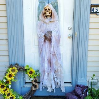 Vtg Halloween Decor Outdoor/indoor Hanging Skeleton Grim Reaper Ghost Hooded 48 "
