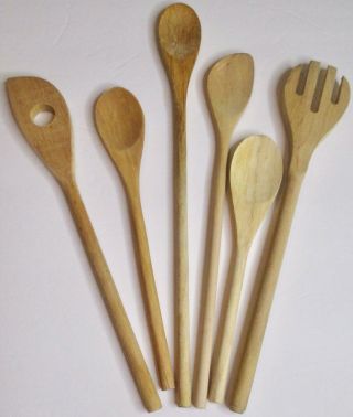 Vintage Primitive Style Wooden Kitchen Spoon Utensil Set 6 Spoons 14 " To 8 1/2 "
