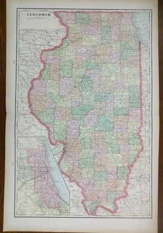 Vintage 1900 Illinois Map 14 " X22 " Old Antique Chicago Cicero Eureka Springfield