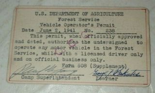 Department Of Agriculture Rare1941 Us Forest Service Ccc Vehicle Operator Permit