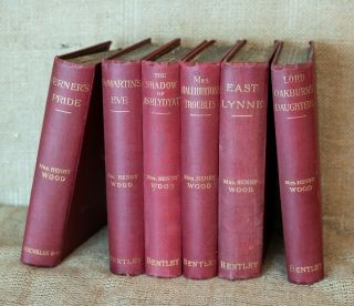Antique Books By Mrs Henry Wood,  Set Of 6 Volumes,  Hardback,  Red Fabric Covers