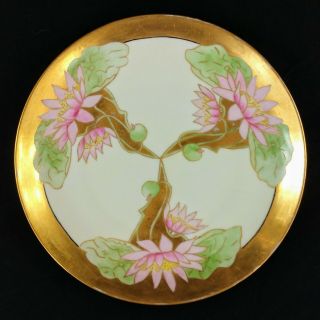 Hand Painted 9 " Antique Water Lily Plate Art Nouveau Pink Green Gold
