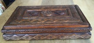 Arts And Crafts Heavily Carved Wooden Box With Lid Early 20th Cent.  Base