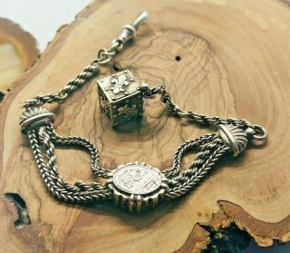 Antique Victorian Silver Albertina / Watch Chain With A Silver Fob Rare 1880s