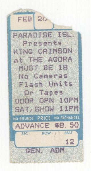Rare King Crimson 2/20/82 Columbus Oh The Agora Ticket Stub