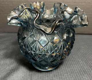 Rare Fenton Art Glass Diamond Point Round Vase Ruffled Edge Blue